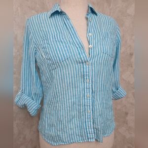 Talbots Petite Linen Striped Button Down Shirt Blue White Roll Tab Sleeve MP